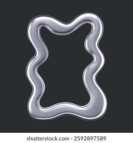 3d chrome wavy frame isolated on a dark background. Render of rectangular silver scallop border in trendy y2k style for modern posters, photos, banners or interior. Chrome squiggle mirror. 3d vector