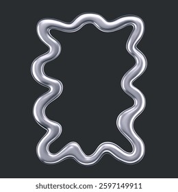 3d chrome wavy frame isolated on a dark background. Render of rectangular silver scallop border in trendy y2k style for modern posters, photos, banners or interior. Chrome squiggle mirror. 3d vector