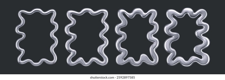 3d chrome wavy frames isolated on a dark background. Render of rectangular silver scallop border in trendy y2k style for modern posters, photos, banners or interior. Chrome squiggle mirror. 3d vector
