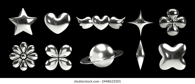 3d chrome Y2K metal elements set. Vector illustration