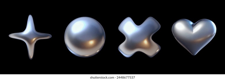 3d chrome Y2K metal elements set. Vector illustration