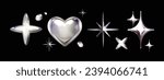 3D chrome y2k shape set, vector silver liquid star, futuristic metal glossy heart steel sticker. Future galaxy retro aesthetic trendy objects cyber metallic reflection cosmic collection. 3D chrome art