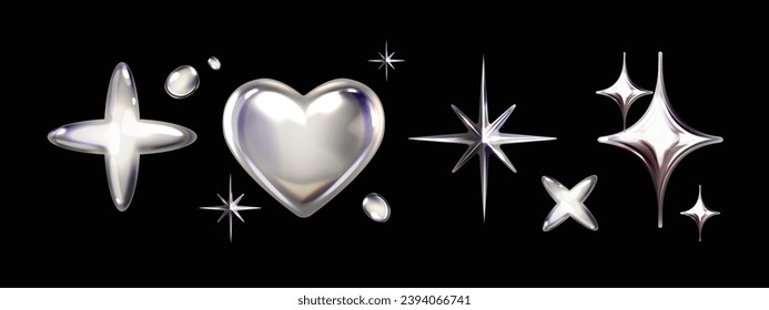 3D chrome y2k shape set, vector silver liquid star, futuristic metal glossy heart steel sticker. Future galaxy retro aesthetic trendy objects cyber metallic reflection cosmic collection. 3D chrome art