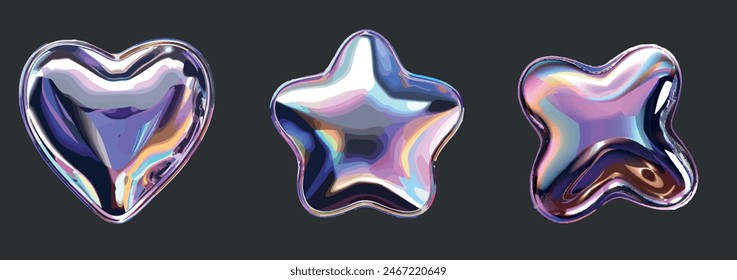 3D chrome y2k shape set, vector neon  liquid star, futuristic metal glossy heart steel sticker. Future galaxy retro aesthetic trendy objects cyber metallic reflection cosmic collection. 3D chrome art