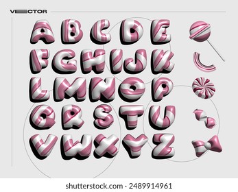 3D chubby candy cane Lollipop alphabet vector set. Realistic Lollipop, candy, sweets, ribbon.
