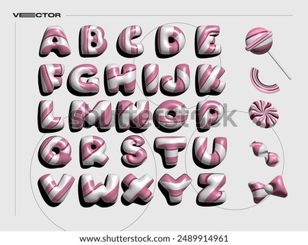 3D chubby candy cane Lollipop alphabet vector set. Realistic Lollipop, candy, sweets, ribbon.