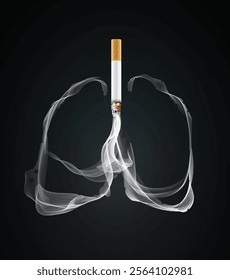 3d cigarette illustration with white smoke floating in the shape of human lungs on black background. Used in medicine, education, advertising, commerce and industry.