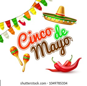 3d cinco de mayo party poster template. Festival traditional mexican holiday celebration design realistic sombrero hat festive colored bunting flag chili pepper maracas inscription Vector illustration