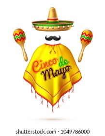 3d cinco de mayo party festival traditional mexican holiday celebration design. Sombrero realistic mexican hat, mustache, poncho with lettering inscription, maracas man silhouette. Vector illustration