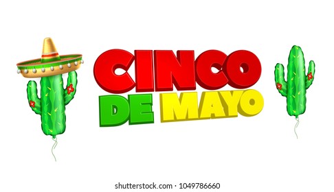 3d cinco de mayo party poster template. Festival traditional mexican holiday celebration design with realistic sombrero hat, inflatable cactus air balloon. Vector isolated illustration