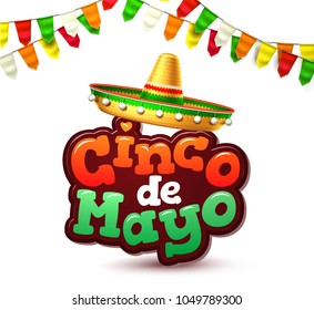 3d cinco de mayo party poster template. Festival traditional mexican holiday celebration design with realistic sombrero hat, festive colored bunting flag, inscription. Vector isolated illustration