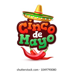 3d cinco de mayo party poster template. Festival traditional mexican holiday celebration design with realistic sombrero hat, hot chili pepper festive inscription. Vector isolated illustration