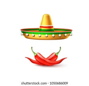 3d cinco de mayo party poster template. Festival traditional mexican holiday celebration design with realistic sombrero hat, chili pepper festive decoration. Vector isolated illustration