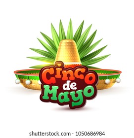 3d cinco de mayo party poster template. Festival traditional mexican holiday celebration design with realistic sombrero hat, festive inscription tropical palm leaf. Vector isolated illustration