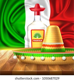 3d cinco de mayo party poster template. Festival traditional mexican holiday celebration design with realistic sombrero hat, mexico flag, festive tequila bottle with hat. Vector isolated illustration