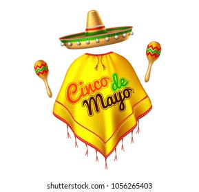 3d cinco de mayo party festival traditional mexican holiday celebration design. Sombrero realistic mexican hat, poncho with lettering inscription, maracas man silhouette. Vector illustration