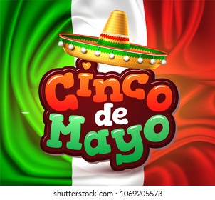 3d cinco de mayo party poster template. Festival traditional mexican holiday celebration design with realistic sombrero hat, festive inscription national silk drape flag. Vector isolated illustration