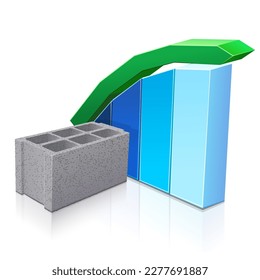 3d cinder block isolated on a white background behind which a top statistics graph is placed