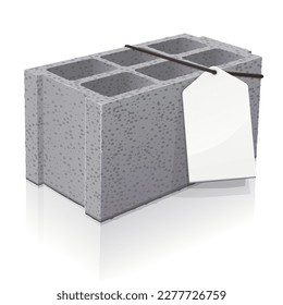 3d cinder block isolated on a white background with a blank price tag hanging on it