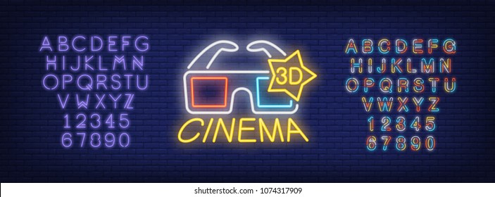 3D cinema and alphabet neon sign set. 3D glasses and violet and multicolored letters and numbers. Night bright advertisements. Vector illustrations in neon style for online movie and cinema