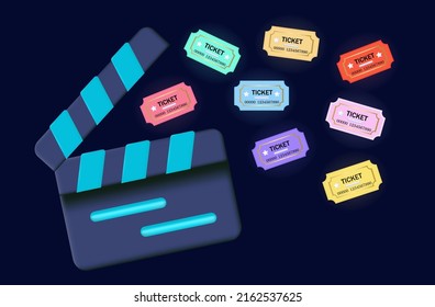 3d cinema banner, movie icon, clapperboard and movie ticket. The concept of buying a ticket for the video premiere, festival, invitation coupon with for shooting entrance access. Modern cinema art. 