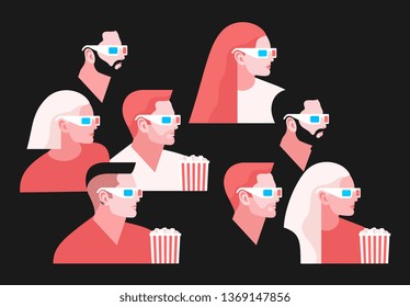 3d cinema concept. Set of male and female characters wearing 3d glasses, with popcorn boxes. Vector illustration