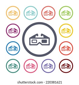 3d cinema flat icons set. Open round colorful buttons. Vector 
