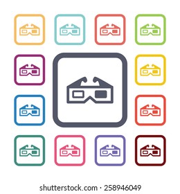 3d cinema flat icons set. Open round colorful buttons. Vector 