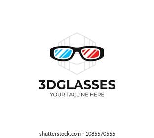 3D cinema glasses logo template. Red cyan anaglyph 3D spectacles vector design. Cinema 3D spectacles logotype