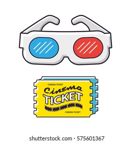 3d cinema glasses and tickets, vector isolated.