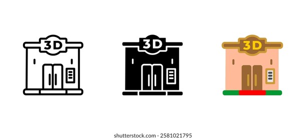 3D cinema icon. Modern movie theater sign. Film screening venue symbol. Cinema building pictogram. Indoor entertainment location illustration