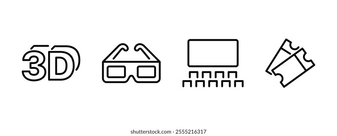 3D cinema icon set. Movie theatre three-dimensional cinematic concept. 3D glasses symbol. Projector screen with hall and viewer sits pictogram collection. Cinema ticket with 3-D sign isolated concept.