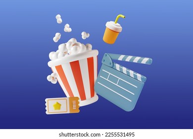 3d Cinema Movie Clapperboard Video Shooting and Popcorn Bucket Elements Concept Plasticine Cartoon Style. Vector illustration