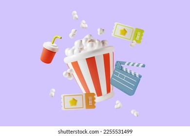 3d Cinema Movie Concept Popcorn Bucket with Elements Around Plasticine Cartoon Style. Vector illustration of Leisure Film - Shutterstock ID 2255531499