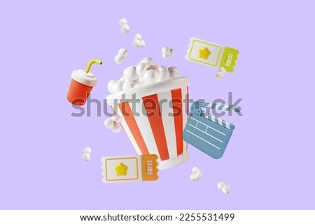 3d Cinema Movie Concept Popcorn Bucket with Elements Around Plasticine Cartoon Style. Vector illustration of Leisure Film Foto stock © 