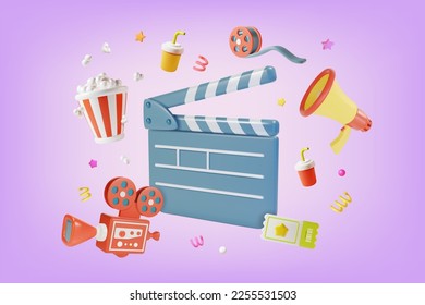3d Cinema Movie Concept Video Shooting Clapboard   Camera and Elements Around Plasticine Cartoon Style  Vector illustration