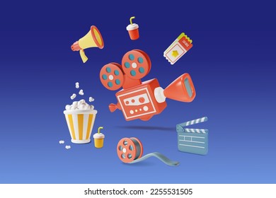 3d Cinema Movie Concept Video Projector with Different Elements Around Plasticine Cartoon Style. Vector illustration