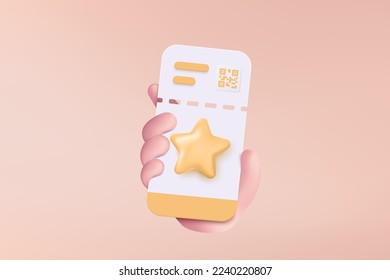 3D cinema movie coupon ticket in holding hand, ready for watch movie in theatre. 3d Media film for entertainment, booking ticket order service. 3d vector cinema coupon icon render illustration