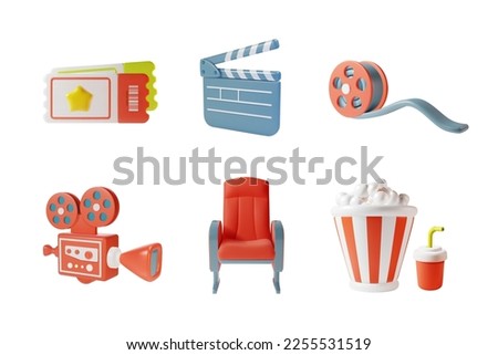 3d Cinema Movie Elements Icons Set Plasticine Cartoon Style Isolated on a White Background. Vector illustration