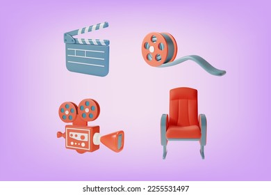 3d Cinema Movie Filmmaking Elements Set Plasticine Cartoon Style Include of Clapboard, Film Reel, Camera and Armchair. Vector illustration