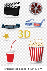  3d, cinema, movie, glasses, film, popcorn, set, vector