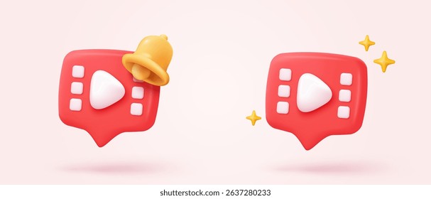 3D cinema movie with minimal film theater play icon, watch movie in theatre and notification. Media film for entertainment alert in social media. 3d cinema reminder vector icon render illustration