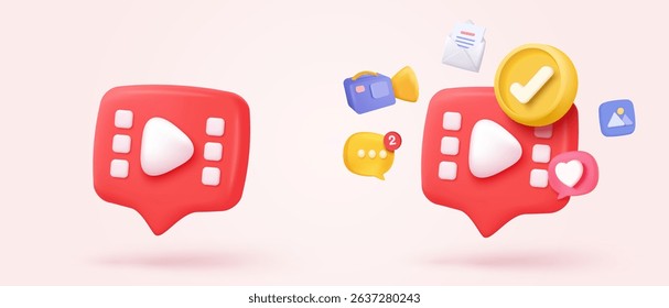 3D cinema movie with minimal film theater play icon, watch movie in theatre and notification. Media film for entertainment alert in social media. 3d cinema reminder vector icon render illustration