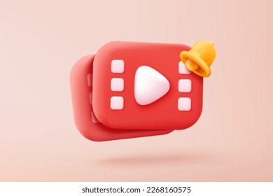 3D cinema movie seat with film theater play icon, watch movie in theatre and notification. Media film 3d for entertainment on media online. 3d cinema ticket reminder vector icon render illustration - Shutterstock ID 2268160575