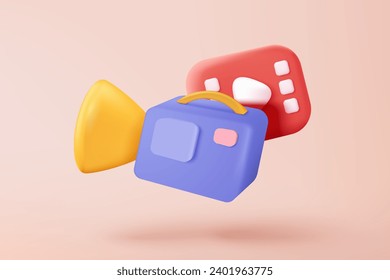 3D cinema movie ticket with film theater play icon, ready for live watch movie in theatre. Media film 3d for entertainment, booking ticket service. 3d vector cinema live show icon render illustration