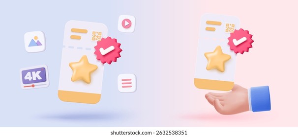 3D cinema movie ticket in holding hand, ready for watch movie in theatre. Media film for entertainment, booking ticket service. 3d vector cinema coupon icon render illustration