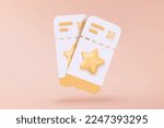 3D cinema movie ticket with minimal film theater play icon, ready for watch movie in theatre. Media film for entertainment, 3d booking ticket service. 3d vector cinema coupon icon render illustration