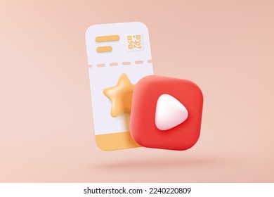 3D cinema movie ticket with minimal film theater play icon, ready for watch movie in 3d theatre. Media film for entertainment, booking ticket service. 3d vector cinema coupon icon render illustration