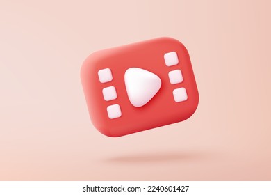 3D cinema movie ticket with minimal film theater play icon, ready for watch movie in theatre. Media film 3d for entertainment, booking ticket service. 3d vector cinema icon render illustration