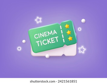 3D cinema movie ticket with minimal film theater play icon, ready for watch movie in theatre. 3D Web Vector Illustrations.